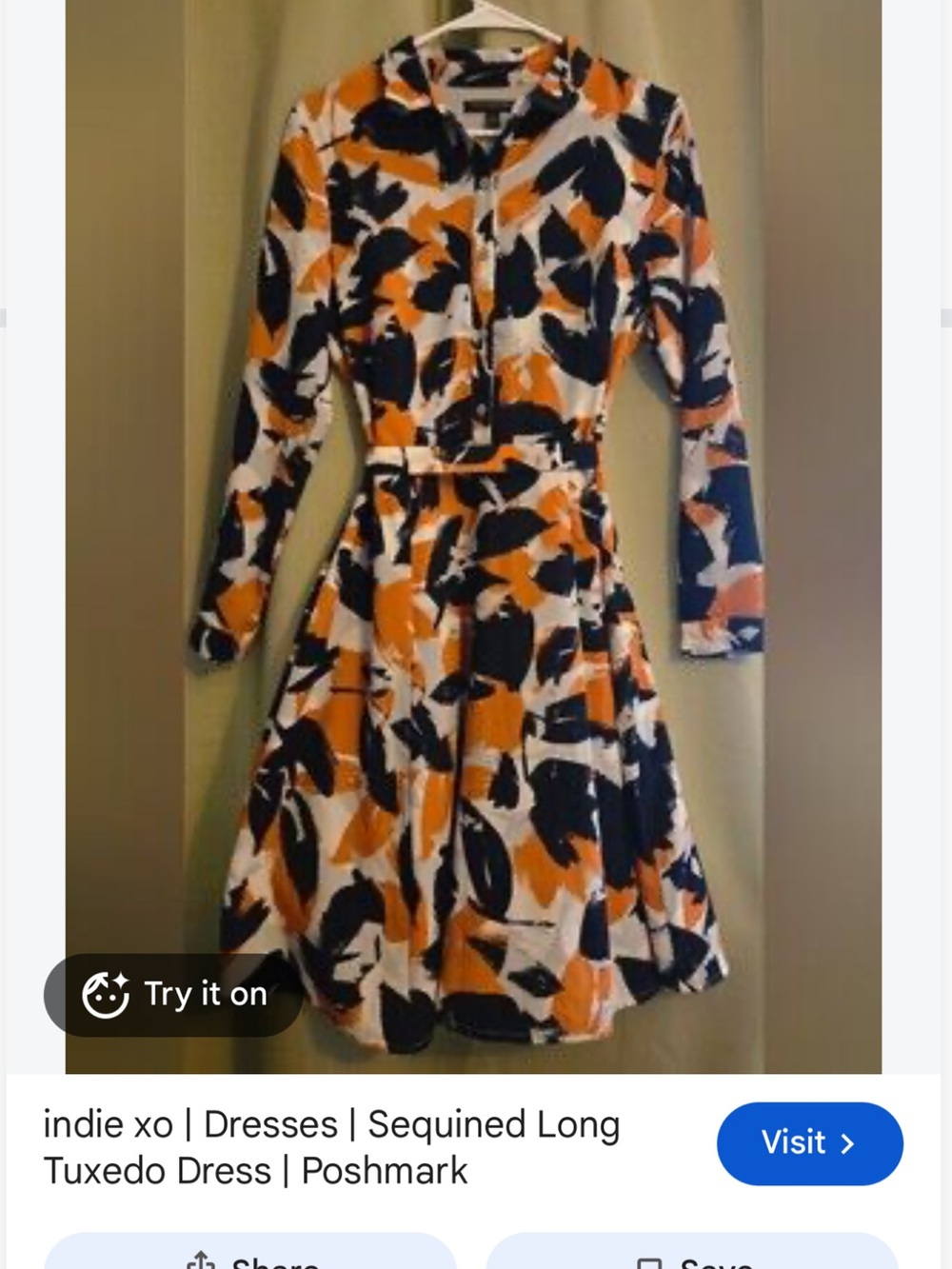 Banana Republic Orange, Navy & White Abstract Long-Sleeve Fit-and-Flare Dress